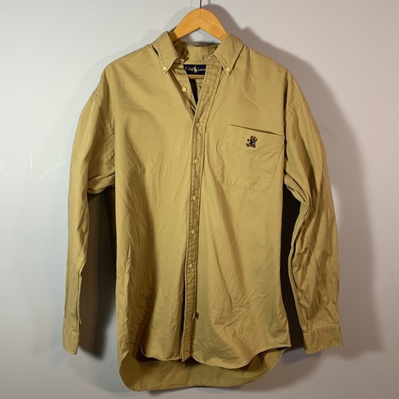Ralph Lauren size large khaki chest pocket long sleeve cotton button down bear - Picture 2 of 7